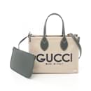 Gucci Beige and Green Canvas Leather Tote Bag