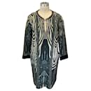 Etro Black / Grey / Beige Multi Printed Embellished Crepe Dress