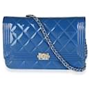 Chanel Blue Quilted Patent Boy Wallet On Chain