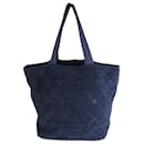 Bolsa tote CC em tecido de toalha matelado azul marinho Chanel