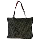 Bolso tote reversible de lona/cuero Zucca marrón rojo con herrajes dorados de leopardo Fendi