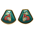 Hermès Green Flags Cloisonne Enamel Clip On Earrings