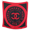 VINTAGE FOULARD CHANEL LOGO CC 31 RUE CAMBON EN SOIE ROUGE NOIR SILK SCARF - Chanel