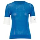 Rochas blue half sleeve cuff R logo sheer pullover top