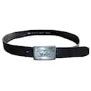 Original Vintage Black Leather Belt with Silver Metal Buckle in Western Style, size 95 - Levi's