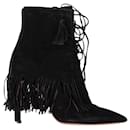  Aquazzura Mustang 105 Fringe Heeled Ankle Boots in Black Suede