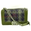 Chanel Boy Chain Shoulder Bag Red Green Check
