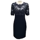 Reem Acra Navy Blue Sequin and Bead Embellished Tulle Lace and Silk Cocktail Dress - Autre Marque