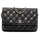 Chanel Black Quilted Studded Lambskin 18K Lucky Charms Wallet On Chain