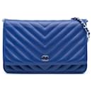 Chanel Blue Lambskin Chevron Trendy Wallet On Chain