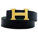 Hermes H Belt in Navy, Green, and Gold - Hermès