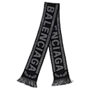 Balenciaga Logo Fringed Scarf in Grey and Black Wool