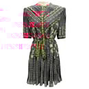 Saloni Plum Multi Feather Stitch Print Silk Crepe de Chine Ally Dress - Autre Marque