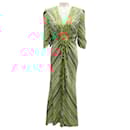 Saloni Green Multi Bloom Border Print Crackle Stamped Satin Mitsu Dress - Autre Marque