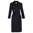  Sandro Paris Belted Double-Breasted Coat in Navy Blue Wool