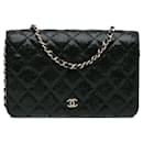 Chanel Black Quilted Crackled Patent Calfskin Pearl Wallet On Chain