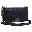 CHANEL Chain Matelasse Boy Chanel Shoulder Bag Lamb Skin Navy CC Auth BA246A