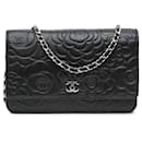 Chanel Black Lambskin Camellia Embossed Wallet On Chain