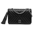 Chanel Black Diagonal Chevron Calfskin Tassel Wallet On Chain