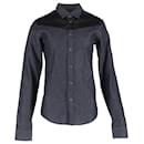  Saint Laurent Leather Trim Long Sleeve Shirt in Grey Cotton Denim