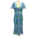 Prabal Gurung Sky Blue / Grass Flutter-Sleeve Silk Cocktail Dress