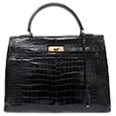 VINTAGE SAC A MAIN HERMES KELLY 35 SELLIER EN CUIR CROCODILE POROSUS NOIR PURSE - Hermès