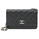 Chanel Shiny Enamel Quilted CC Wallet On Chain in Black Caviar Leather