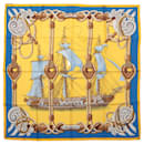 Hermès Carré 90 "Tribord" 100% Silk Scarf in Yellow and Blue