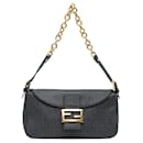 Fendi Black Zucchino Spalmati Double Flap Chain Shoulder Bag