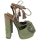  Aquazzura Tasseled Platform Sandal Heels in Brown Suede