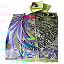 Hermès scarf titled 'Jaguar Quetzal' by Alice Shirley in its box and its 'sur box'