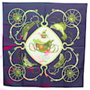 Foulard HERMES Carré 90 ""SPRINGS"" Soie Marine Blanc Auth 117294 - Hermès
