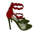 Prada Scallop Detail Sandal Heels in Red Suede