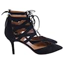 Aquazzura Belgravia Lace Up Pointed Toe Pumps in Black Suede 