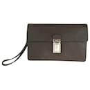 Prada Saffiano Triangle Logo Plate Leather Clutch Bag Brown Silver Hardware