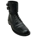 Saint Laurent Black Embossed Leather Ankle Buckle Lace Up Boots