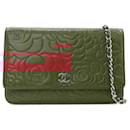 Chanel Red Embossed Lambskin Camellia Wallet On Chain