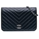 Chanel Blue Chevron Lambskin Studded Wallet On Chain