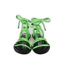 Balenciaga Black/Green Fabric Logo Ankle Wrap Flat Sandals