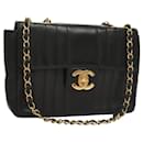CHANEL Mademoiselle Chain Shoulder Bag Lamb Skin Black Gold CC Auth gh462 - Chanel