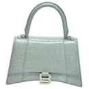Grey Hourglass XS Croc Embossed Top Handle Bag - Balenciaga