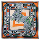 Hermès Carré 100 "ROBOCABAR" Cashmere and Silk Scarf in Blue x Orange