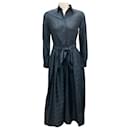 Ann Mashburn Navy / Green Blackwatch Silk Shantung Classic Shirtwaist Maxi Dress - Autre Marque