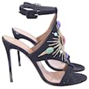  Aquazzura Desert Sun Embellished Sandal Heels in Black Suede
