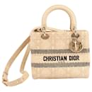 Dior Lady D-Lite Raffia Woven Cannage Embroidered Medium 2Way Handbag in Beige