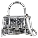 Balenciaga Hourglass XS Croc-Embossed Handbag in Metallic Silver Leather
