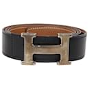 Hermes Black/Gold Box Calf & Togo Leather Reversible H Buckle Belt - Hermès