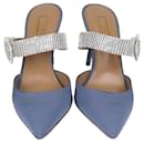 Aquazzura Blue Jeans Fabric Chain Reaction Crystal Embellished 85 Mules