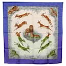 Écharpe HERMES Carré 90 ""kenya"" Soie Bleue Auth BA6850 - Hermès