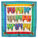 Foulard HERMES Carré 90 ""J.METZ"" Soie Bleu Turquoise Auth BA8721 - Hermès